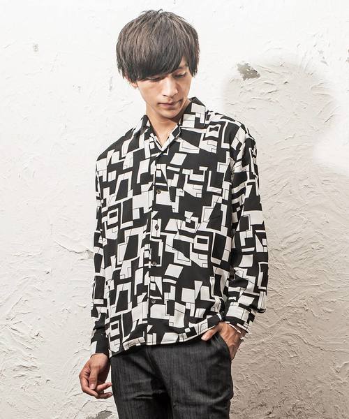 MinoriTY（マイノリティ）の「オープンカラーシャツ/総柄プリント（シャツ/ブラウス・メンズ・ブラック/グリーン/ブラウン/ワイン/マスタード・M/XL/L）」の3枚目の写真