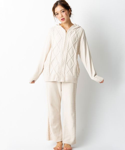 fran de lingerie（フランデランジェリー）の「teddy knit テディニット ケーブル編みパーカー（ルームウェア/パジャマ・レディース・オフホワイト/ピンク/モカ・M-L）」の11枚目の写真