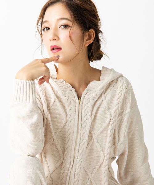 fran de lingerie（フランデランジェリー）の「teddy knit テディニット ケーブル編みパーカー（ルームウェア/パジャマ・レディース・オフホワイト/ピンク/モカ・M-L）」の5枚目の写真