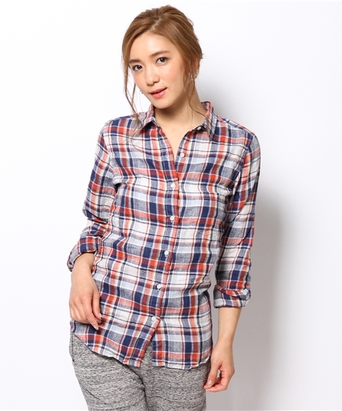 SHIPS for women（シップスフォーウィメン）の「★311111499リネン チェック シャツ（シャツ/ブラウス・レディース・イエロー/ピンク/ライトホワイト/ネイビー・38/36）」の2枚目の写真