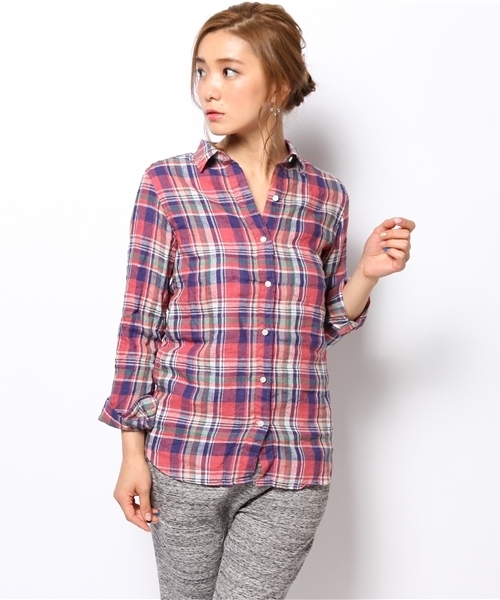 SHIPS for women（シップスフォーウィメン）の「★311111499リネン チェック シャツ（シャツ/ブラウス・レディース・イエロー/ピンク/ライトホワイト/ネイビー・38/36）」の4枚目の写真