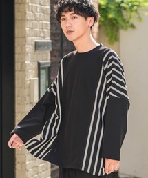improves | ドロップショルダー ボーダーストライプ 切替 ビッグシルエット ロンT 長袖Tシャツ(Tシャツ/カットソー)