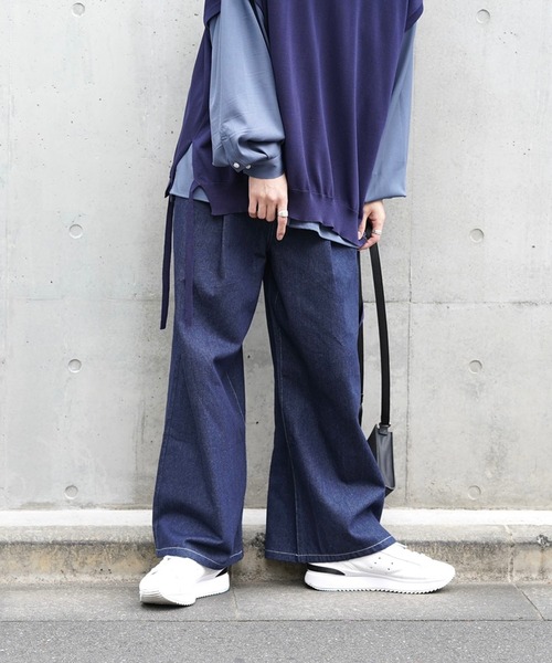 セール】ハイウエストディープタックワイドデニムパンツ（デニム