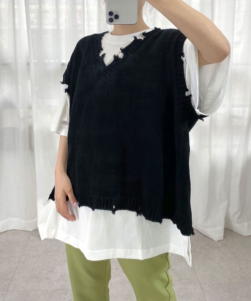 ＡＮＤＪ（アンドジェイ）の「【ANDJ MADE】ダメージデザインニットベスト（ベスト・レディース・オフホワイト/グレー/ベージュ/ブラック・M）」の3枚目の写真