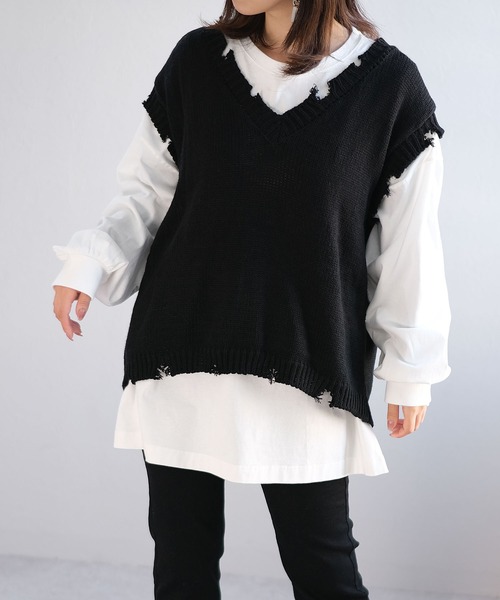 ＡＮＤＪ（アンドジェイ）の「【ANDJ MADE】ダメージデザインニットベスト（ベスト・レディース・オフホワイト/グレー/ベージュ/ブラック・M）」の7枚目の写真