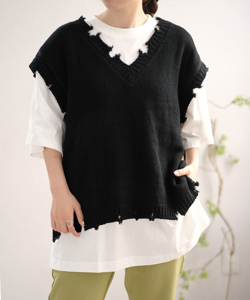 ＡＮＤＪ（アンドジェイ）の「【ANDJ MADE】ダメージデザインニットベスト（ベスト・レディース・オフホワイト/グレー/ベージュ/ブラック・M）」の12枚目の写真