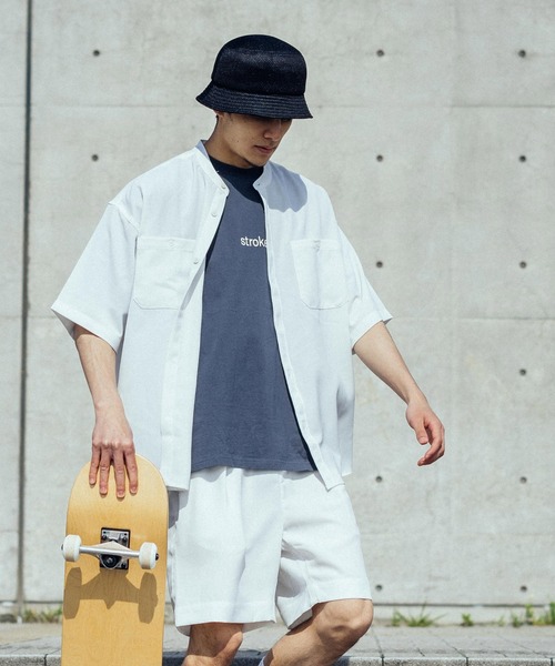 Ressaca（レサーカ）の「セットアップ テックリネン オーバーサイズ半袖バンドシャツ&バルーンショートパンツ（セットアップ・メンズ・ホワイト/ブラック/ベージュ/ネイビー/グレー/オリーブ/グレイッシュブルー/パープル系・M/L）」の2枚目の写真