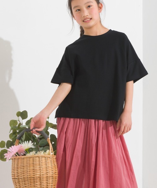 OMNES（オムネス）の「キッズ梨地ビッグボックス半袖Tシャツ（Tシャツ/カットソー・キッズ・ホワイト/ブラック/グリーン系その他/サーモンピンク・100/110/120/130/140）」の3枚目の写真