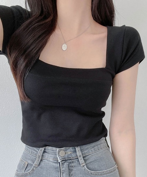 NANING9（ナンニング）の「SONYUNARA モダンスクエアネック半袖Tシャツ（Tシャツ/カットソー・レディース・ブラック/グレー・FREE）」の13枚目の写真