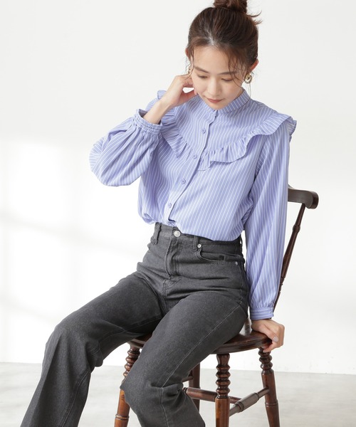 N.(N. Natural Beauty Basic)(エヌエヌナチュラルビューティーベーシック)の「◆スタンドネックフリル長袖ブラウス(シャツ/ブラウス・レディース・ブラック/オフホワイト/ブルー/ブルー系その他・MEDIUM)」の4枚目の写真