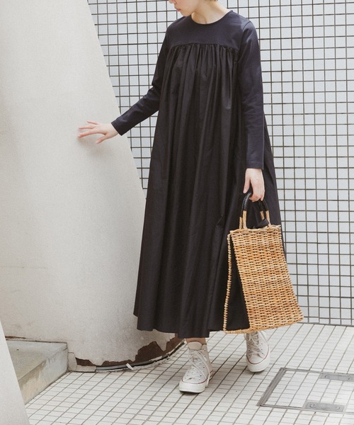 note et silence (ノートエシロンス)の「◇【 AMB100貨 】トルファンコットン コンボギャザーワンピース(ワンピース・レディース・グレー/ブラック/ネイビー・FREE)」の2枚目の写真