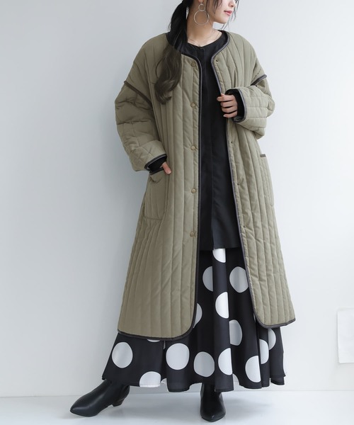 n'OrLABEL（ノアールレーベル）の「『ノーカラーラインキルティングコート』（ノーカラーコート・レディース・ライトカーキ/ブラック/アイボリー・FREE）」の3枚目の写真