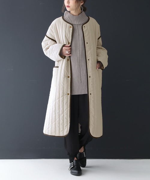 n'OrLABEL（ノアールレーベル）の「『ノーカラーラインキルティングコート』（ノーカラーコート・レディース・ライトカーキ/ブラック/アイボリー・FREE）」の6枚目の写真