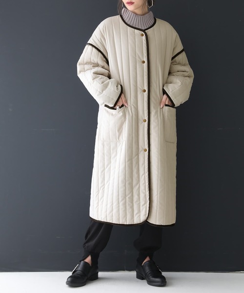 n'OrLABEL（ノアールレーベル）の「『ノーカラーラインキルティングコート』（ノーカラーコート・レディース・ライトカーキ/ブラック/アイボリー・FREE）」の7枚目の写真