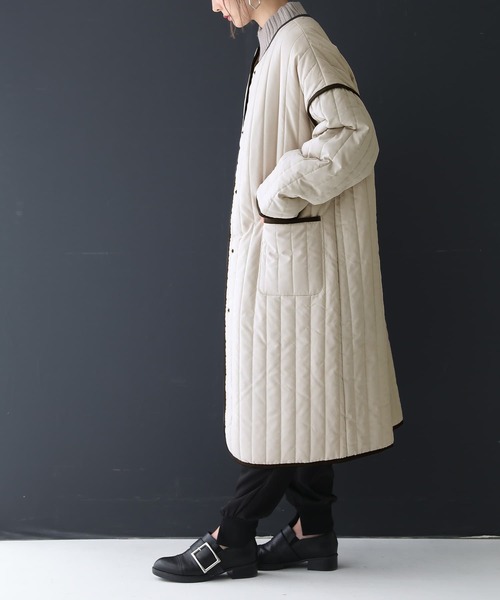 n'OrLABEL（ノアールレーベル）の「『ノーカラーラインキルティングコート』（ノーカラーコート・レディース・ライトカーキ/ブラック/アイボリー・FREE）」の8枚目の写真