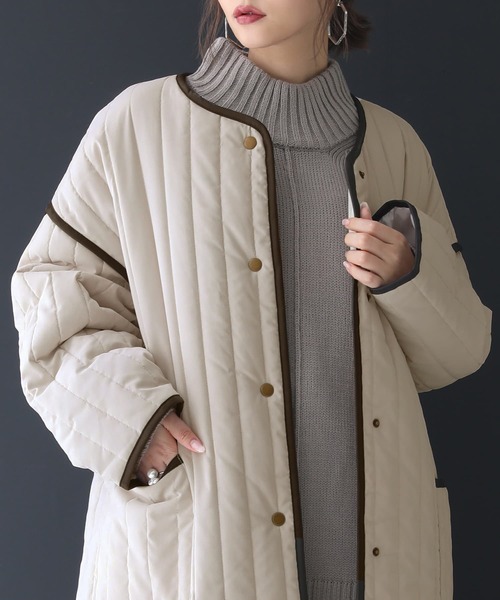n'OrLABEL（ノアールレーベル）の「『ノーカラーラインキルティングコート』（ノーカラーコート・レディース・ライトカーキ/ブラック/アイボリー・FREE）」の10枚目の写真