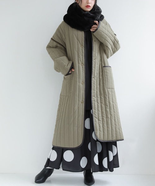 n'OrLABEL（ノアールレーベル）の「『ノーカラーラインキルティングコート』（ノーカラーコート・レディース・ライトカーキ/ブラック/アイボリー・FREE）」の18枚目の写真