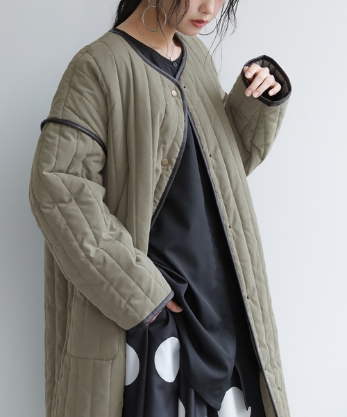 n'OrLABEL（ノアールレーベル）の「『ノーカラーラインキルティングコート』（ノーカラーコート・レディース・ライトカーキ/ブラック/アイボリー・FREE）」の19枚目の写真