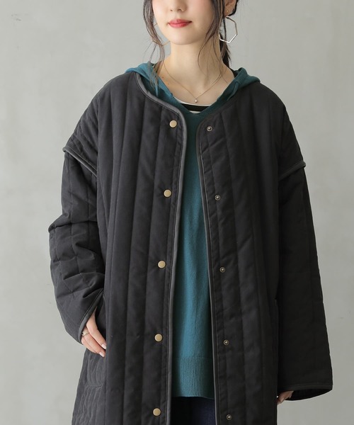 n'OrLABEL（ノアールレーベル）の「『ノーカラーラインキルティングコート』（ノーカラーコート・レディース・ライトカーキ/ブラック/アイボリー・FREE）」の14枚目の写真