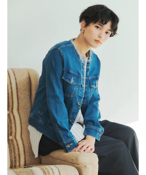 YECCA VECCA（イェッカヴェッカ）の「ノーカラーGジャン　＊◆（デニムジャケット・レディース・インディゴブルー/ライトインディゴブルー・S/M）」の11枚目の写真