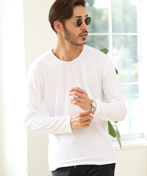 セール】ストレッチUネック無地長袖Tシャツ（Tシャツ/カットソー