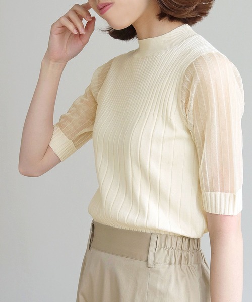 HER CLOSET(ハークローゼット)の「【shemoshelly】イージーケアCOOLタッチ5分袖プチハイネックシアーリブニットトップス(ニット/セーター・レディース・ブラック/アイボリー・M)」の2枚目の写真