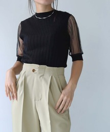 【shemoshelly】イージーケアCOOLタッチ5分袖プチハイネックシアーリブニットトップス