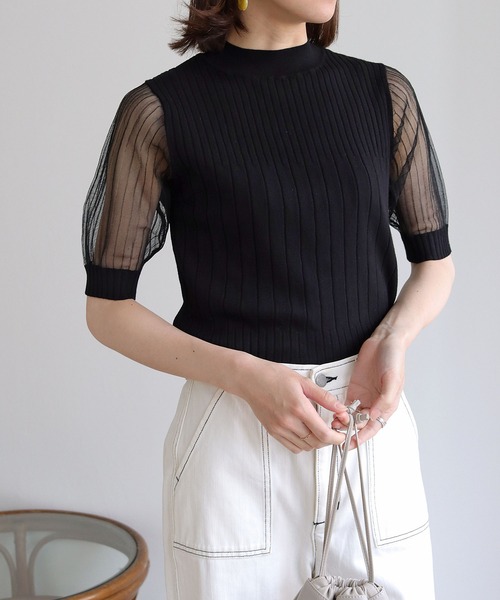 HER CLOSET(ハークローゼット)の「【shemoshelly】イージーケアCOOLタッチ5分袖プチハイネックシアーリブニットトップス(ニット/セーター・レディース・ブラック/アイボリー・M)」の15枚目の写真