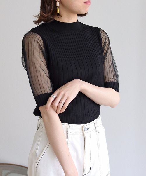HER CLOSET(ハークローゼット)の「【shemoshelly】イージーケアCOOLタッチ5分袖プチハイネックシアーリブニットトップス(ニット/セーター・レディース・ブラック/アイボリー・M)」の16枚目の写真