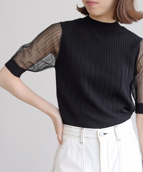 HER CLOSET(ハークローゼット)の「【shemoshelly】イージーケアCOOLタッチ5分袖プチハイネックシアーリブニットトップス(ニット/セーター・レディース・ブラック/アイボリー・M)」の17枚目の写真