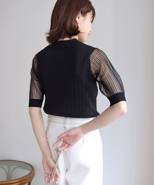 HER CLOSET(ハークローゼット)の「【shemoshelly】イージーケアCOOLタッチ5分袖プチハイネックシアーリブニットトップス(ニット/セーター・レディース・ブラック/アイボリー・M)」の18枚目の写真
