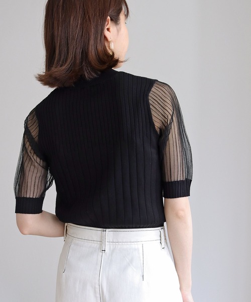 HER CLOSET(ハークローゼット)の「【shemoshelly】イージーケアCOOLタッチ5分袖プチハイネックシアーリブニットトップス(ニット/セーター・レディース・ブラック/アイボリー・M)」の19枚目の写真