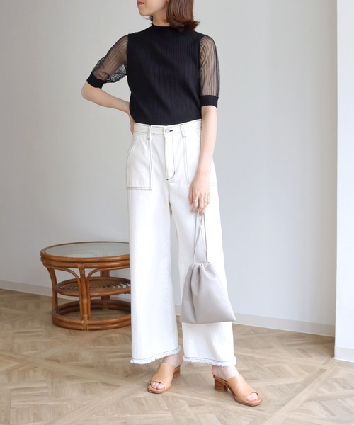 HER CLOSET(ハークローゼット)の「【shemoshelly】イージーケアCOOLタッチ5分袖プチハイネックシアーリブニットトップス(ニット/セーター・レディース・ブラック/アイボリー・M)」の21枚目の写真