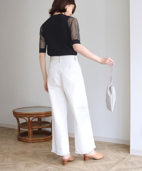 HER CLOSET(ハークローゼット)の「【shemoshelly】イージーケアCOOLタッチ5分袖プチハイネックシアーリブニットトップス(ニット/セーター・レディース・ブラック/アイボリー・M)」の22枚目の写真