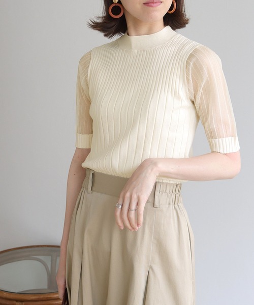 HER CLOSET(ハークローゼット)の「【shemoshelly】イージーケアCOOLタッチ5分袖プチハイネックシアーリブニットトップス(ニット/セーター・レディース・ブラック/アイボリー・M)」の3枚目の写真