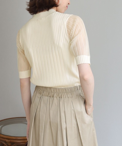 HER CLOSET(ハークローゼット)の「【shemoshelly】イージーケアCOOLタッチ5分袖プチハイネックシアーリブニットトップス(ニット/セーター・レディース・ブラック/アイボリー・M)」の5枚目の写真