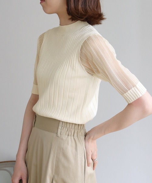 HER CLOSET(ハークローゼット)の「【shemoshelly】イージーケアCOOLタッチ5分袖プチハイネックシアーリブニットトップス(ニット/セーター・レディース・ブラック/アイボリー・M)」の6枚目の写真