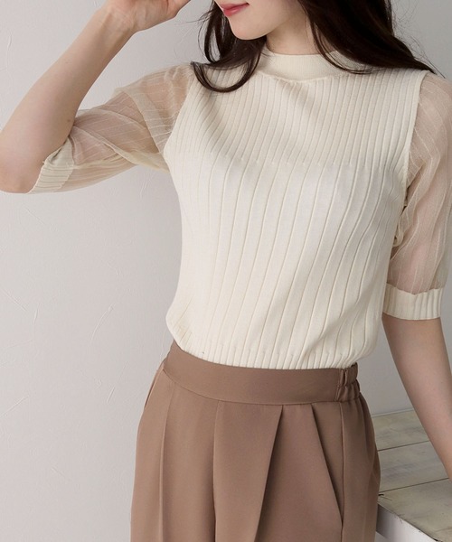 HER CLOSET(ハークローゼット)の「【shemoshelly】イージーケアCOOLタッチ5分袖プチハイネックシアーリブニットトップス(ニット/セーター・レディース・ブラック/アイボリー・M)」の9枚目の写真