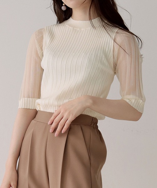 HER CLOSET(ハークローゼット)の「【shemoshelly】イージーケアCOOLタッチ5分袖プチハイネックシアーリブニットトップス(ニット/セーター・レディース・ブラック/アイボリー・M)」の10枚目の写真