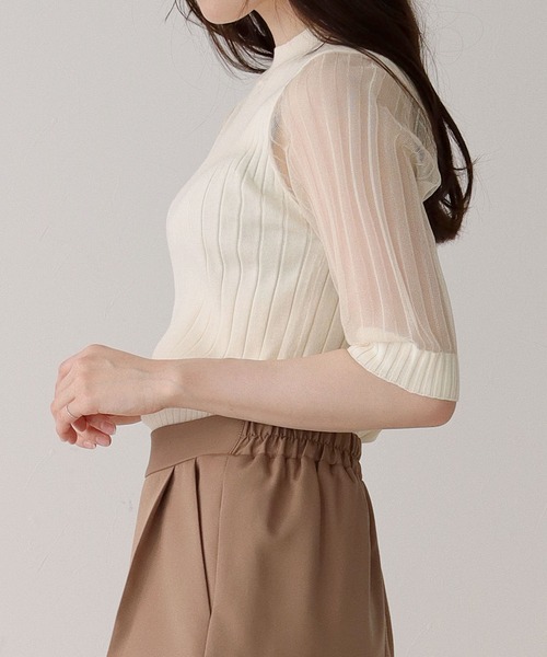 HER CLOSET(ハークローゼット)の「【shemoshelly】イージーケアCOOLタッチ5分袖プチハイネックシアーリブニットトップス(ニット/セーター・レディース・ブラック/アイボリー・M)」の12枚目の写真