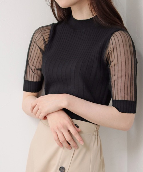 HER CLOSET(ハークローゼット)の「【shemoshelly】イージーケアCOOLタッチ5分袖プチハイネックシアーリブニットトップス(ニット/セーター・レディース・ブラック/アイボリー・M)」の13枚目の写真