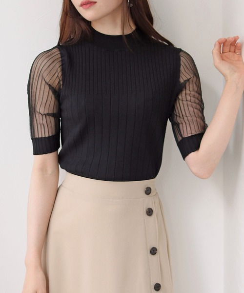 HER CLOSET(ハークローゼット)の「【shemoshelly】イージーケアCOOLタッチ5分袖プチハイネックシアーリブニットトップス(ニット/セーター・レディース・ブラック/アイボリー・M)」の14枚目の写真