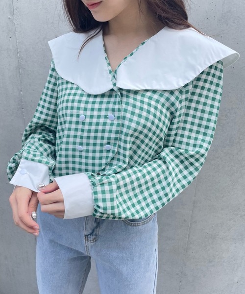 Voyage titty&Co.PETIT（ボヤージュティティアンドコープチ）の「【Voyage titty&Co.】ダブルボタンチェックシャツ（シャツ/ブラウス・レディース・グリーン/ブラック・FREE）」の2枚目の写真