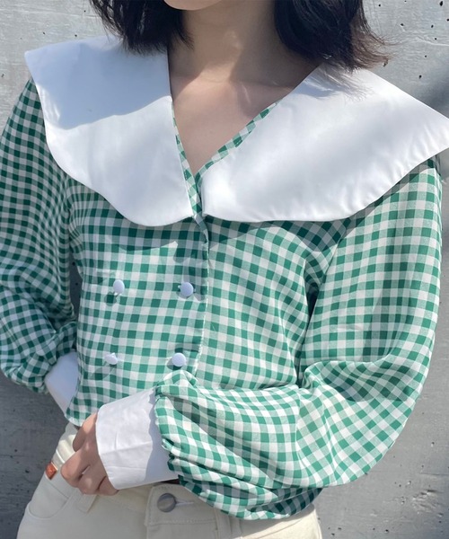 Voyage titty&Co.PETIT（ボヤージュティティアンドコープチ）の「【Voyage titty&Co.】ダブルボタンチェックシャツ（シャツ/ブラウス・レディース・グリーン/ブラック・FREE）」の6枚目の写真