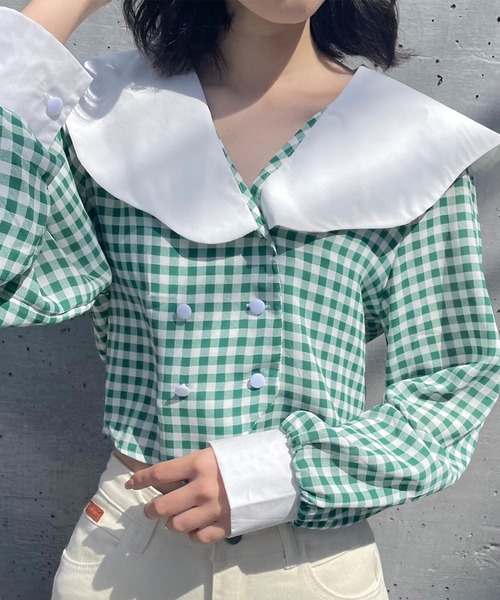 Voyage titty&Co.PETIT（ボヤージュティティアンドコープチ）の「【Voyage titty&Co.】ダブルボタンチェックシャツ（シャツ/ブラウス・レディース・グリーン/ブラック・FREE）」の7枚目の写真