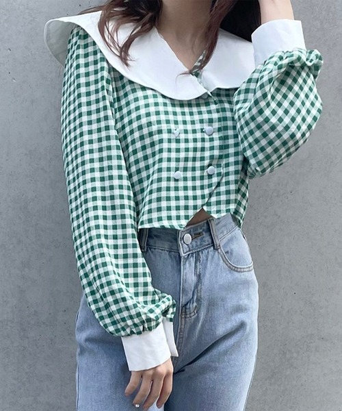 Voyage titty&Co.PETIT（ボヤージュティティアンドコープチ）の「【Voyage titty&Co.】ダブルボタンチェックシャツ（シャツ/ブラウス・レディース・グリーン/ブラック・FREE）」の9枚目の写真
