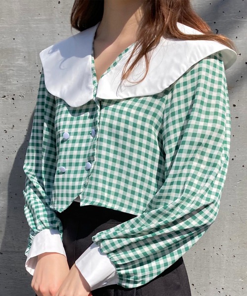 Voyage titty&Co.PETIT（ボヤージュティティアンドコープチ）の「【Voyage titty&Co.】ダブルボタンチェックシャツ（シャツ/ブラウス・レディース・グリーン/ブラック・FREE）」の10枚目の写真