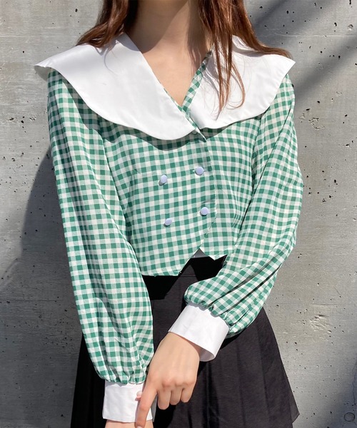 Voyage titty&Co.PETIT（ボヤージュティティアンドコープチ）の「【Voyage titty&Co.】ダブルボタンチェックシャツ（シャツ/ブラウス・レディース・グリーン/ブラック・FREE）」の11枚目の写真