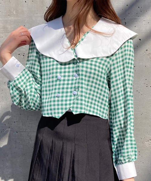 Voyage titty&Co.PETIT（ボヤージュティティアンドコープチ）の「【Voyage titty&Co.】ダブルボタンチェックシャツ（シャツ/ブラウス・レディース・グリーン/ブラック・FREE）」の12枚目の写真