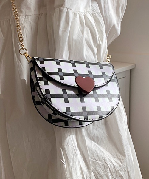 Pochi Pouch(ポチポーチ)の「Pochi Pouch/ハート チェック柄 ミニ チェーンショルダー(ショルダーバッグ・レディース・ホワイト×ブラック/ホワイト×グリーン・FREE)」の2枚目の写真